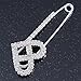 Rhodium Plated Clear Crystal Heart Safety Pin Brooch - 85mm L