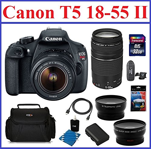 Canon EOS Rebel T5 Digital SLR Camera with 4 Lenses Professional Bundle: Includes - Canon EF-S 18-55mm IS II Lens + Canon EF 75-300mm f/4-5.6 III Lens + 2.2X Telephoto & 0.43X Wide Angle Lenses + Spare Battery + Camera Bag + Mini HDMI Cable + 32GB High Speed SDHC Memory Card + Card Reader + Lens Cleaning Kit + Screen Protector