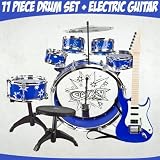 drum set-(Blue) Electronic Kids Hot Rock Guitar w/ 4 Different rhythms, Great Quality 23 Inches Long + 11pc Kids Boy Girl Drum Set Musical Instrument Toy Blue Playset