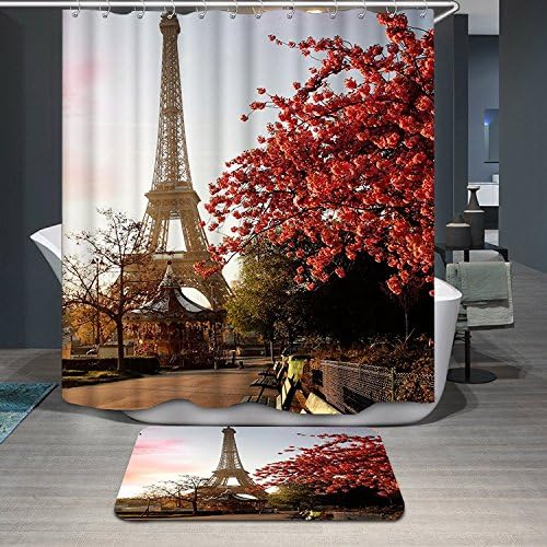 Kidswa 66 x 72 Inch Waterproof Grey Paris Eiffel Tower Custom Bathroom Shower Curtain - Cityscape Red Flower Polyester Fabric Bathroom Curtain Ideas