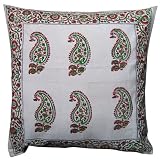 Cotton Pillow Cover Red & Green Block Printed Paisley Design India 16 x 16 inches