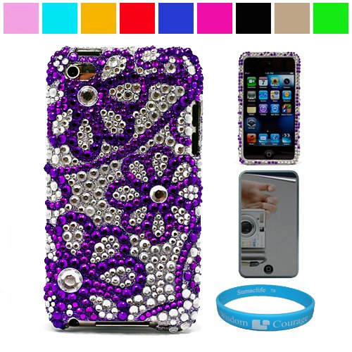Premium Two Piece Rhinestone Design Protective Cover Case for Apple iPod Touch 4th Generation (8GB 16GB 32GB) iPod Touch 4 Latest Gen + Mirror Screen Protector + SumacLife TM Wisdom Courage Wristband, Pulple Flower