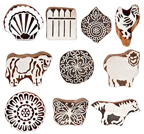 Hashcart (Set of 10) Mughal Design Wooden Printing Stamp Block Hand-Carved for Saree Border Making Pottery Crafts Textile Printing