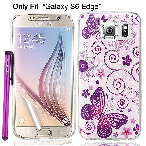 Galaxy S6 Edge Case, BeeShineÂ® Retail Package [Pink Flower Purple Butterfly Pattern] Slim-fit " Galaxy S6 Edge " Soft Rubber Skin TPU Gel Case Cover W/ LCD Film Screen Protector & Touch Stylus For Samsung Galaxy S6 Edge (SM-G925)