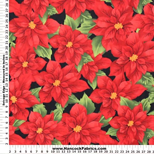 Anti-Pill Traditional Poinsettia Black Fleece Fabric - Sold By the Yard