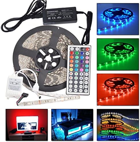 Casung 5M 300 LEDs SMD 5050 RGB Flexible Led Strip Light + 44 Keys Remote + 12V Power Supply (5050 NON-Waterproof 44 Keys Remote with Adapter Full kit)