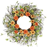 Melrose Twig Wreath with Orange and Yellow Zinnia, 24-Inch
