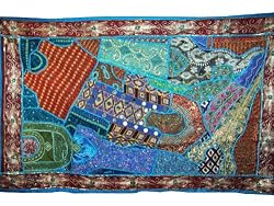 Turquoise Gold Beaded Vintage India Decor Sari Tapestry Wall Hanging Throw 70x44