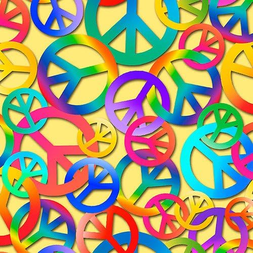 1 Yard - Rainbow "Peace Signs Chained" on Yellow Cotton Fabric (Great for Quilting, Sewing, Craft Projects, Throw Pillows, Quilts &amp; More) 1 Yard X 44"