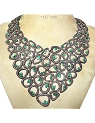 Couturechics 14K Gold & Sterling Silver 39.32Ct Natural Diamond Pave Emerald Gemstone Vintage Necklace Handmade Jewelry