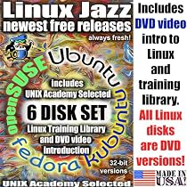 Linux Jazz, 6-disks DVD set, 32-bit Version (includes Ubuntu 9.10, Kubuntu 9.10, SuSe 11.2, Fedora 12) and "Introduction to Linux" video-DVD, also includes printed Quick Reference Card of Linux commands