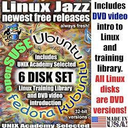 Linux Jazz, 6-disks DVD set, 32-bit Version (includes Ubuntu 10.04, Kubuntu 10.04, openSUSE 11.3, Fedora 13) and "Introduction to Linux" video-DVD, also includes printed Quick Reference Card of Linux commands