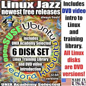Linux Jazz, 6-disks DVD set, 32-bit Version (includes Ubuntu 9.10, Kubuntu 9.10, SuSe 11.1, Fedora 11) and "Introduction to Linux" video-DVD, also includes printed Quick Reference Card of Linux commands
