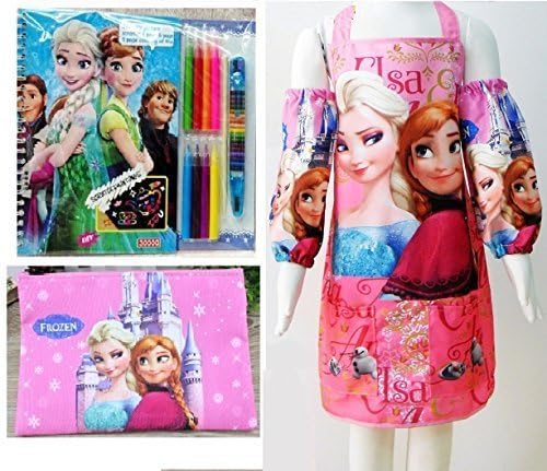 CJB Frozen Elsa Anna Kids Waterproof Apron Sleeves Coloring Book Pens Combo Set Pink Word 5-14T (US Seller)