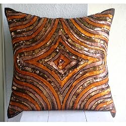 Orange Illusion- Decorative Pillow Covers - Silk Pillow Cover Embellished with Beads & Sequins