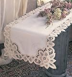 Battenberg Lace Edged, Hand Embroidered Runner. 100% Cotton Woven. White, 16 Inch X72 Inch Oblong. One piece .