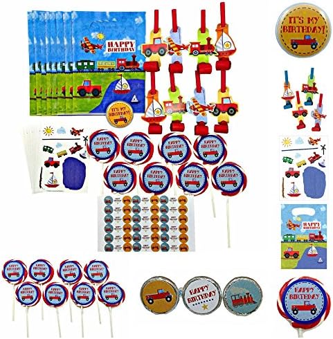 On The Go Birthday Party Loot Bag Collection for 8 Kids- Treat Bags, Blowouts, Stickers, Whirly Pops and Features Custom Designed Birthday Button and Labels for Lollipops and Kisses