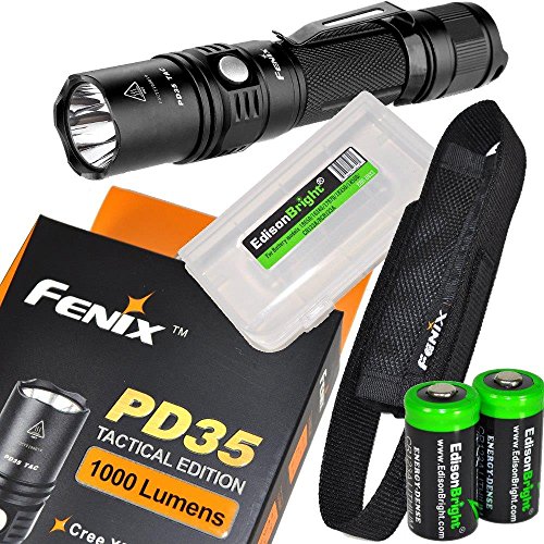 Fenix PD35 2015 TAC Edition 1000 Lumen CREE XP-L LED Tactical Flashlight with holster, lanyard, Two EdisonBright CR123A Lithium Batteries and EdisonBright battery box bundle