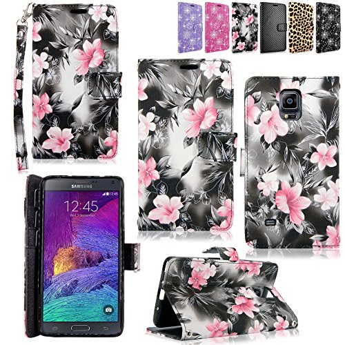 Samsung Galaxy Note 4 Case-Cellularvilla Pu Leather Wallet Card Flip Open Pocket Case Cover Pouch For Samsung Galaxy Note 4 SM-N910S / Note 4 SM-N910C (Black Pink Flower)