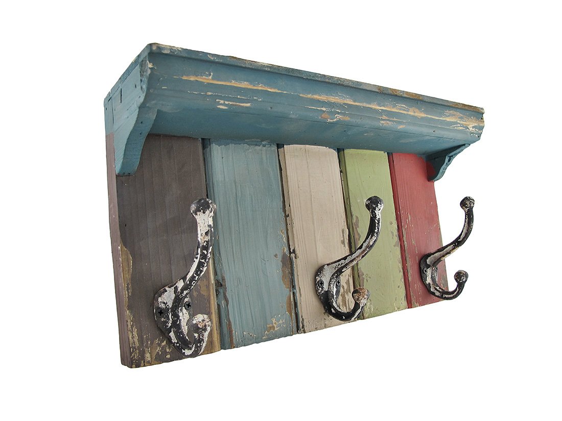 Vintage Look Multicolored Wooden Wall Plaque with Metal Hooks/Shelf