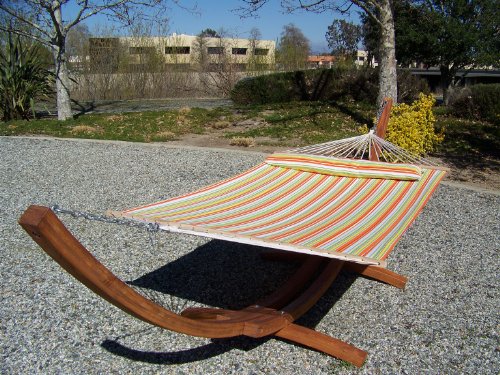 Wooden Arc Hammock Stand + Quilted Spring Color Double Hammock Bed W/Pillow, Double Padded. Teak Finish. On Sale