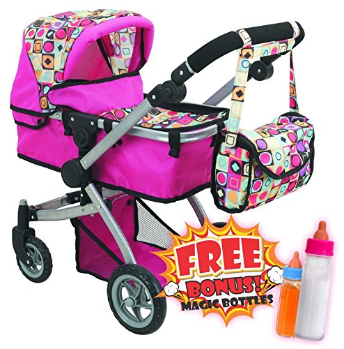 Deluxe Doll Pram with Swiveling Wheels & Adjustable Handle and Free Carriage Bag