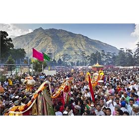 photographie Devotees parading Hindu idols on palanquins in the Procession of the Gods during Dus...