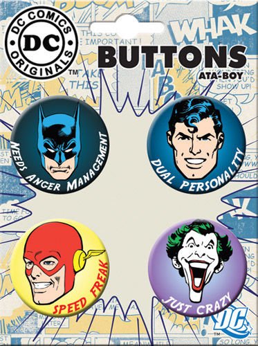  DC Comics Superman Batman Flash Joker 4 Piece Button Set