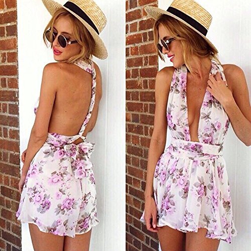 Moxeay® Floral Print Deep V-neck Halter Beach Chiffon Playsuit Jumpsuit Sexy