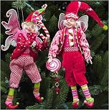 Set of 2 Candy Stripe Flying Elf Christmas Ornaments