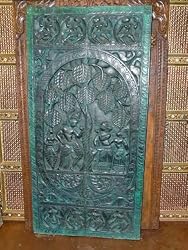 Antique Indian Carving Green Patina Radha Krishna Kadamba Tree Wooden Wall Panel 72"