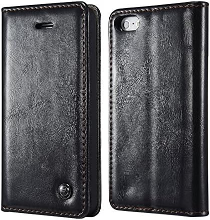 iPhone 5 5S SE Leather Wallet Case With Slot For Cards, Lucky Pumpkin Magnetic Slim Case Standable Flip Luxury Leather Cover For Apple iPhone 5 5S SE 2012 2013 2016 Edition (Black, iPhone 5 5S SE)