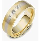 7.5mm 3 Princess Cut Diamond Titanium & 18 Karat Yellow Gold Wedding Band Ring