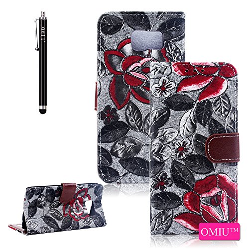 Galaxy S6 Edge Case, Galaxy S6 Edge Wallet Case, OMIU(TM) [Elegant Flowers Leaves Design] Bran-new Stylish Slim Premium PU Leather Card Slots Stand Wallet Case Cover Fit For Samsung Galaxy S6 Edge, Sent Stylus-(Gray)