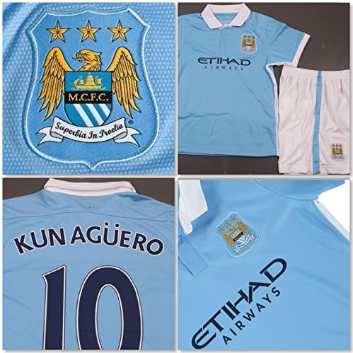 2015-16 Aguero #10 Manchester City Football Soccer Kids Jersey & Shorts Youth Sizes (Y-Large)