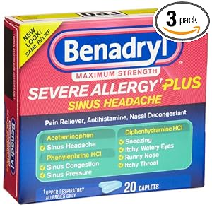 Benadryl Severe Allergy Plus Sinus Headache, 20-Count Caplets (Pack of 3) by Benadryl