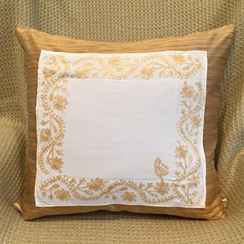 Vintage Gold Raw Silk &amp; Tambour Lace Embroidery Upcycled into Brand NEW Large Pillow, Parisian Antique Map on Back, Plump Down/Feather Insert, French Decor, French Country