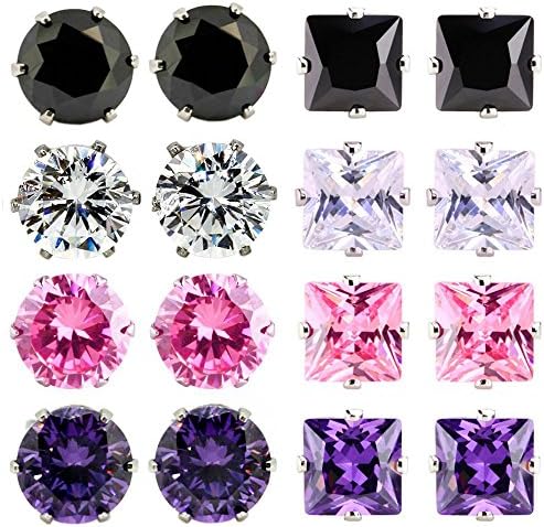 8 Pairs Stainless Steel Stud Earrings Round Square Cubic Zirconia Multicolor Hypoallergenic, 8mm