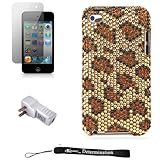 Brown Cheetah Luxury Design Premium Crystal Shiny Rhinestone Carrying Cover Protective Case for New Apple iPod Touch 4 ( 4th Generation 8GB, 16GB, 32GB ) + Includes a Anti Glare Screen Protector + Includes a Travel USB Home Charger