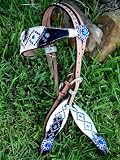 Western Leather Headstall Bridle Blue Crystals Hair On