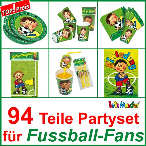 94-teiliges FUSSBALL FRITZ FLANKE – SET für Kindergeburtstag mit 8 Kinder: Teller, Becher, Servietten, Einladungen, Partytüten, Trinkhalme, Luftballons u.v.m. vom Lutz Mauder Verlag // Kinder Geburtstag Partyset Kinderparty Kinderfest Fete Ball Jungs Grün EM 2012 EM2012