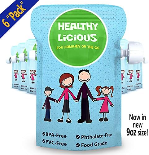 Reusable Food Pouch 6 Pack, Refillable for Snacks, Baby Food Storage, Lunches Jumbo 9 ounce