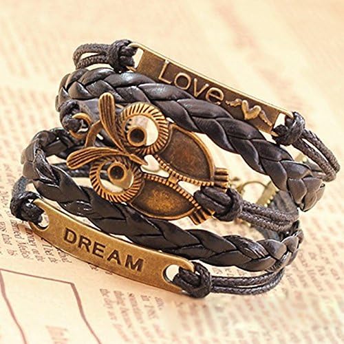 Czluo Multi-Layer PU Leather Bangle Bronze Owl Wristband Bracelet (Size: M, Color: Black)