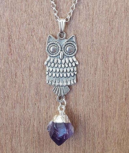 Natural Amethyst Point Owl Crystal Pendant Necklace 22 inches for Her Him Teen