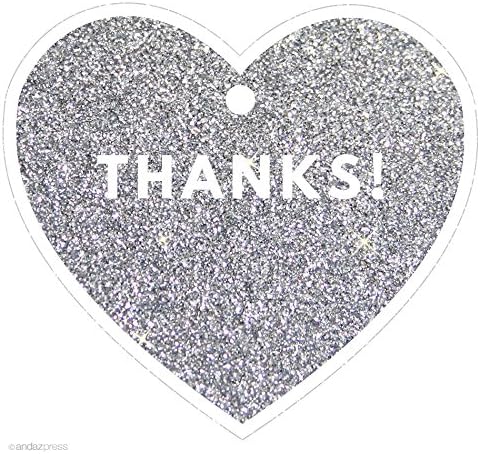 Andaz Press Heart Gift Tags, Modern Style, Thanks!, Printed Silver Glitter, 30-Pack