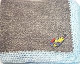 Hand Machine Knitted Finished with Hand Crochet Dark Grey Color Chenille Infant Boys Blanket Hand Crochet Trimmed with Blue Color Chenille and Racing Car Patch