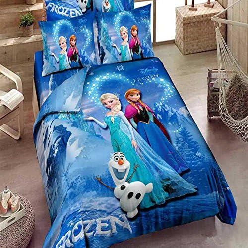 Fantacy 3D Cartoon Blue Princess Elsa& Anna Frozen Sister Bedding Set Flat Sheet Queen Size Duvet Cover Bed Sheet Pillow Case For Family Gift