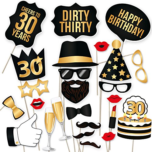30th Birthday Party Photo Booth Props Kit - Includes 34 DIY Black and Gold Props on a Stick for His or Her 30th Birthday Celebration Photo Booths