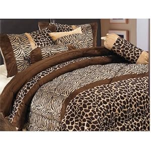 7 Piece Safari - Zebra - Giraffe Print Brown Micro Fur Comforter Set, Bed in Bag, Full (Double) Size