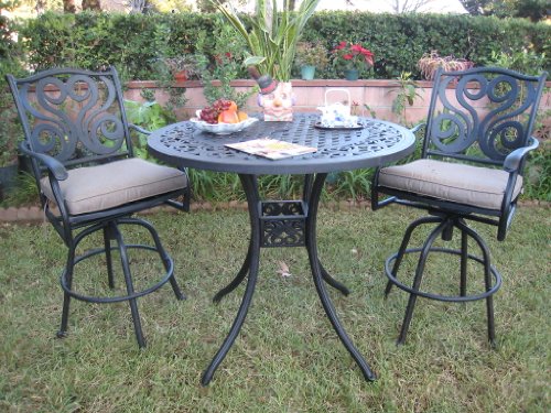 Outdoor Patio Furniture Cast Aluminum 3 Piece Bar Stool Table Set with 2 Arm Swivel Rock Chairs Cbm1290